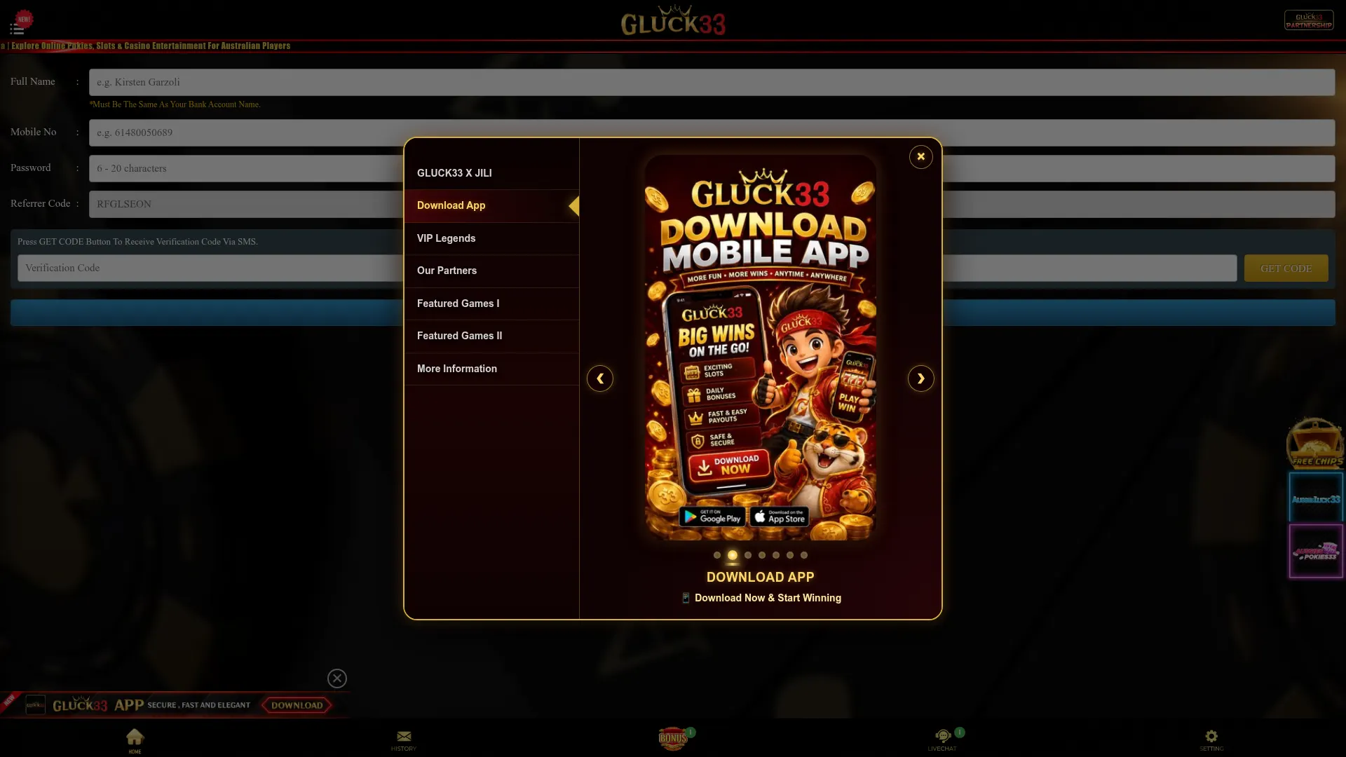 Gluck33 Casino desktop interface